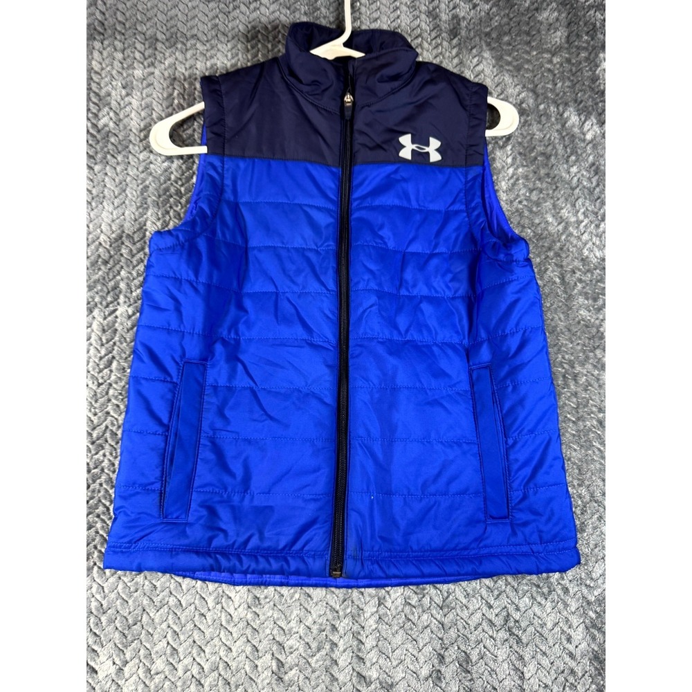 Under Armor Puffer Vest Boys Medium Navy Blue Logo Colorblock Full Zip Loose Fit